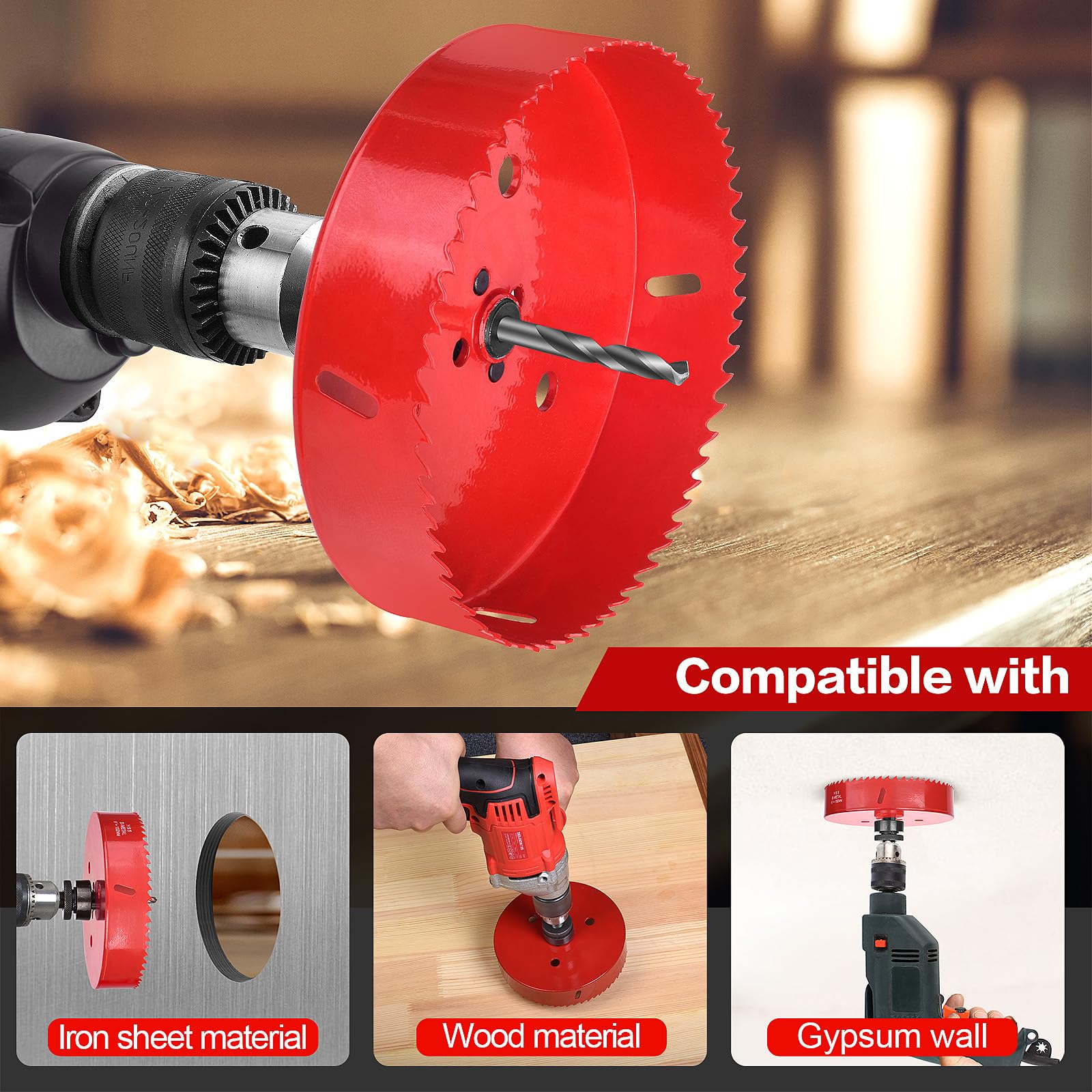 6 Inch Hole Saw - 152mm HSS Bi-Metal Hole Cutter for Different Project with Smooth and Flat Drilling Edge, Fast Chip Removal, Handy Hole Saw Kit Set for Cornhole Boards,Bean Bags Games,Recessed Lights