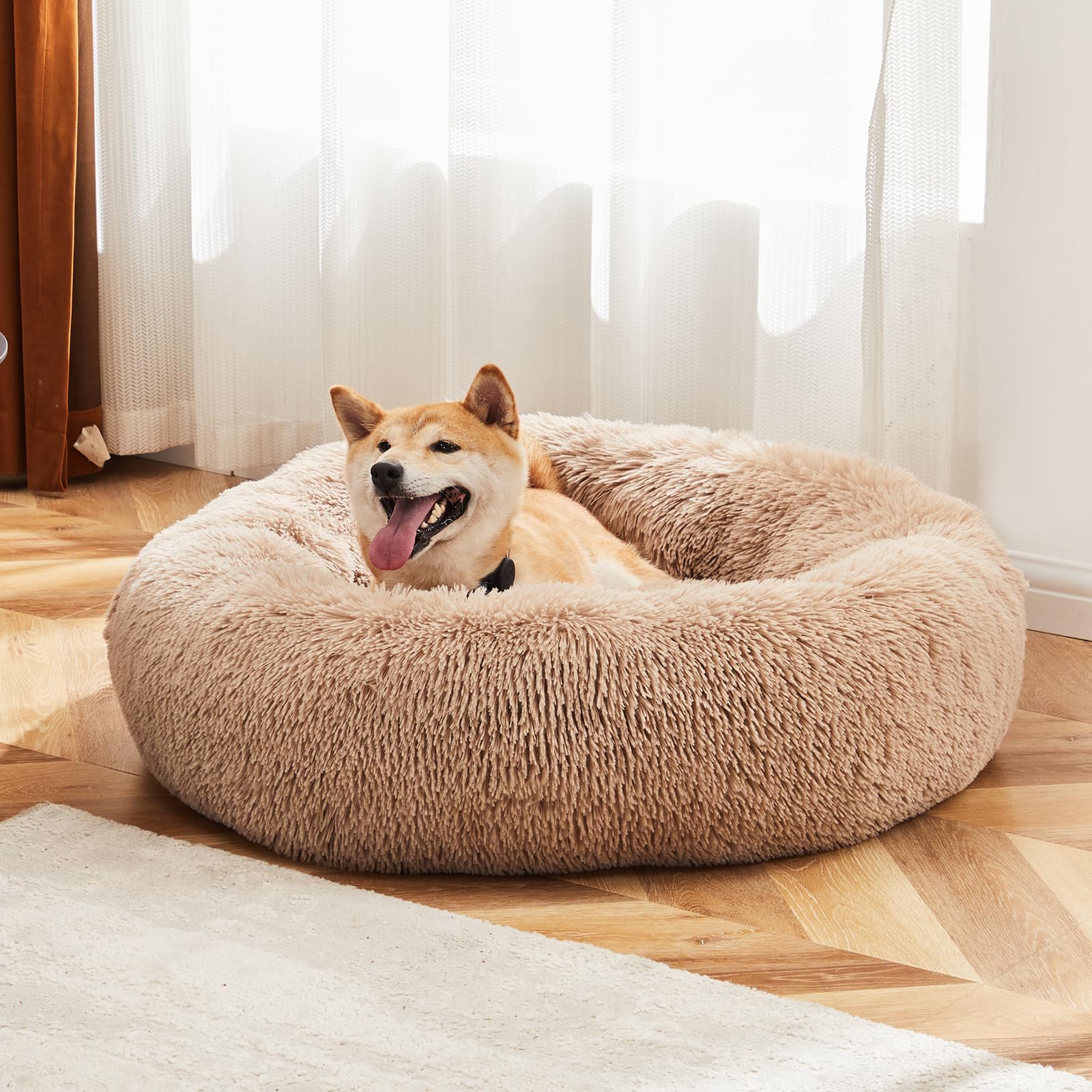 Sweetcrispy Calming Dog Bed for Large Dogs, Washable Large Pet Bed, 36 Inch Anti-Slip Round Fluffy Plush Faux Fur Dog Bed, Fits up to 90 lbs Pets, Brown