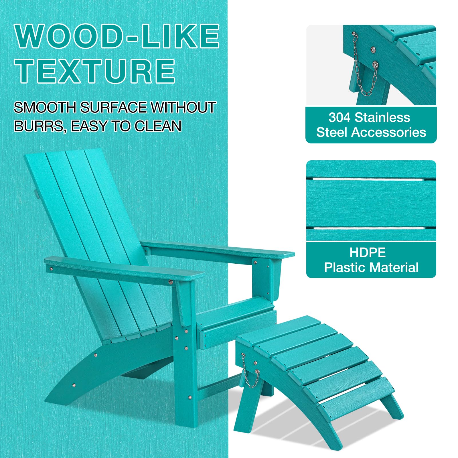 Adirondack Chair with Ottoman Weather Resistant Fire Pit Chairs with Footrest HDPE Outdoor Adirondack Chair for Patio Front Porch Pool Garden Deck Fire Pit Outside, Teal