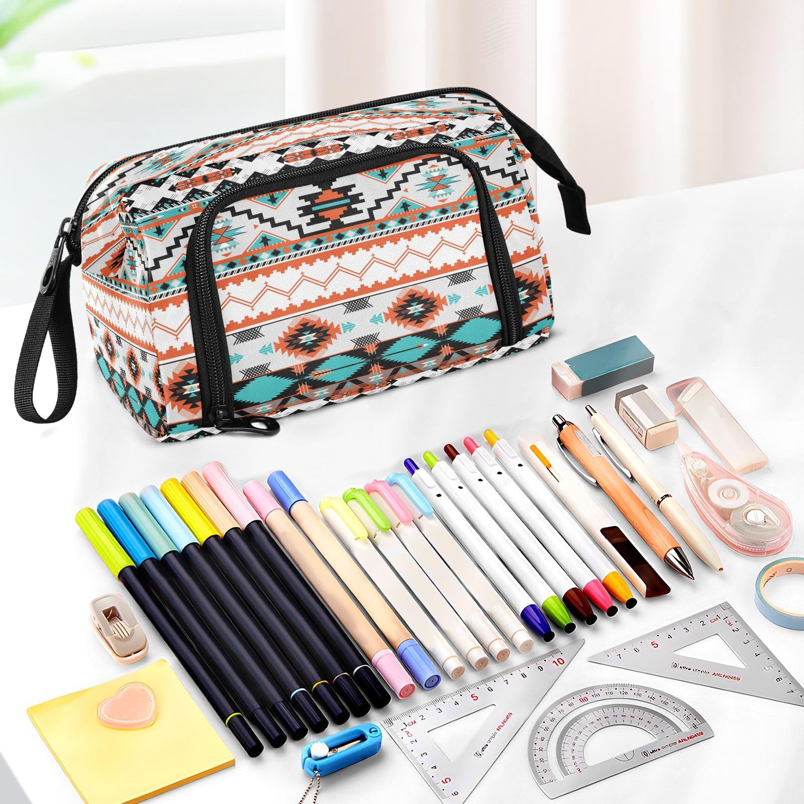 DEHOZO Portable Pencil Case Pen Bag with Zipper, Ethnic Aztec Geometric Large Pencil Pouch Pen Case Stationery Bag for Office School Student, Multifunctional Pen Box for Girl Boy Men Women