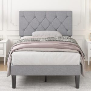 vecelo twin bed frame with button tufted headboard, upholstered platform bedframe with wood slat support, no box spring needed, grey