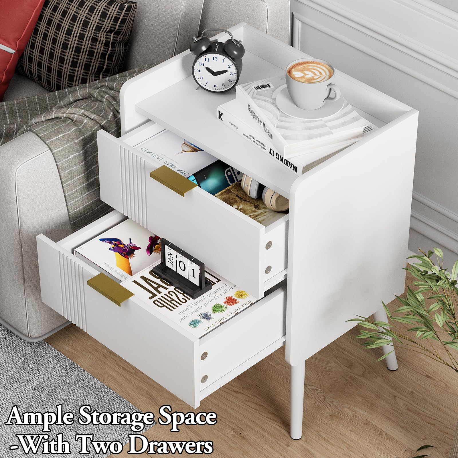 Aenuert White Nightstand Modern Bedside Table with 2 Storage Drawer, Small Night Stand, Wooden End Table,Sofa Side Table for Bedroom,Study Room and Small Spaces