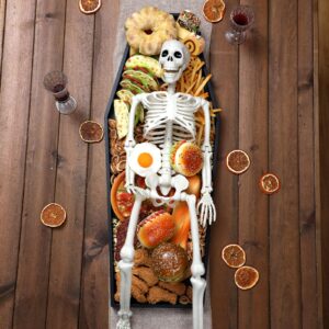 Seeloowy 32'' Halloween Coffin Charcuterie Board with 36" Skeleton Extra Large Wooden Coffin Serving Tray Board 3 ft Skeleton Spooky Gothic Home Decor for Halloween Party Gothic Accessories