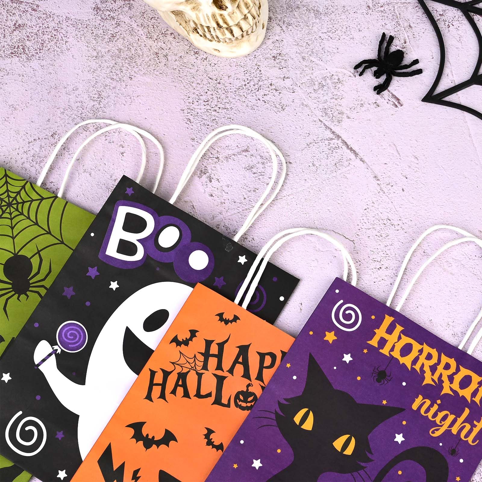 24Pcs Halloween Trick or Treat Paper Gift Bags Happy Halloween Theme Candy Bags with Handles Pumpkin Ghost Black Cat Goodie Favors Bags for Gift Wrapping Holiday Birthday Party DIY Crafts