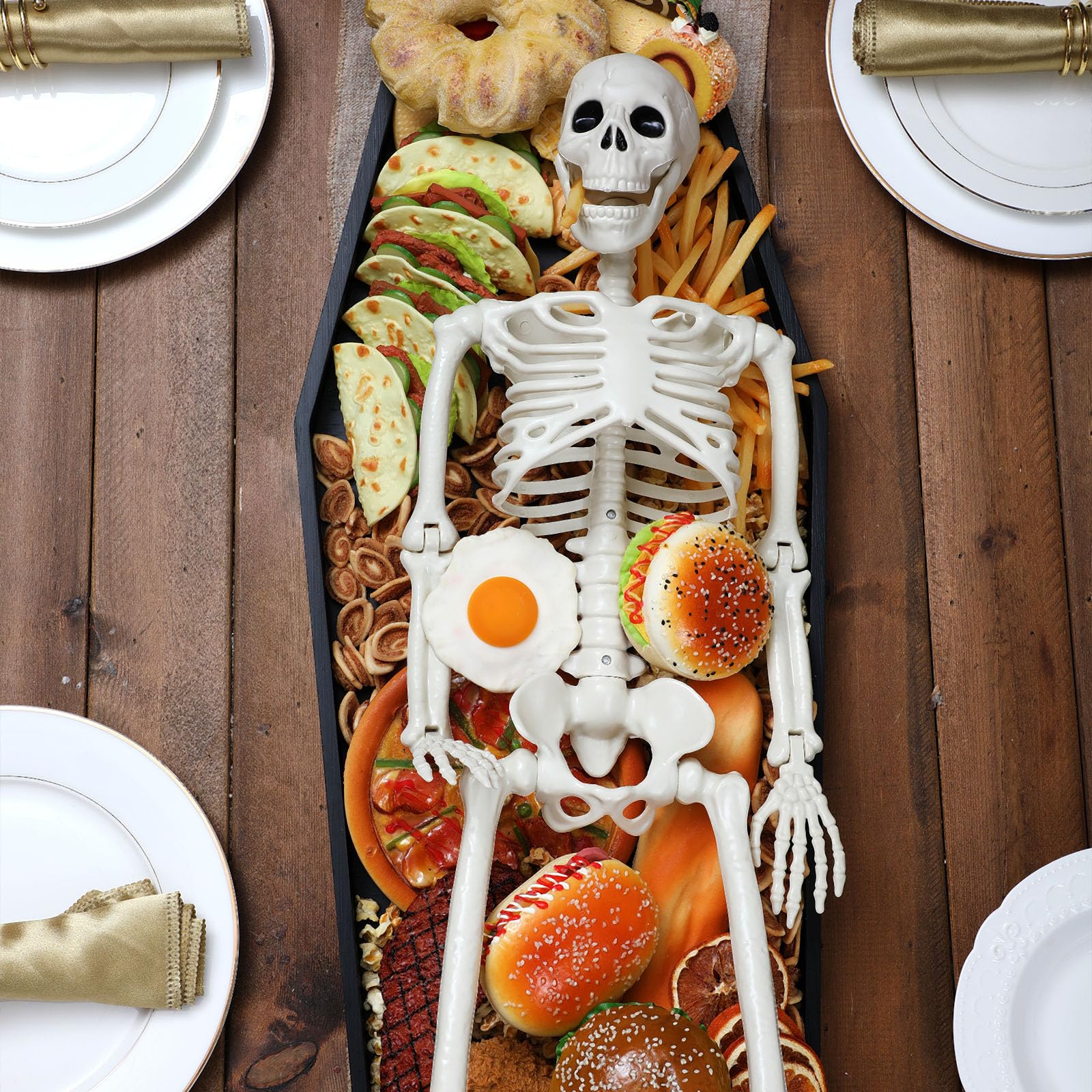 Seeloowy 32'' Halloween Coffin Charcuterie Board with 36" Skeleton Extra Large Wooden Coffin Serving Tray Board 3 ft Skeleton Spooky Gothic Home Decor for Halloween Party Gothic Accessories