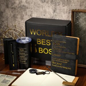 6 Pcs World's Best Boss Gifts for Men World's Best Boss Mug Set Christmas Birthday Office Gifts for Boss Include 20 oz Stainless Steel Tumbler Notebook Ballpoint Pen with Gift Box Keychain Compass