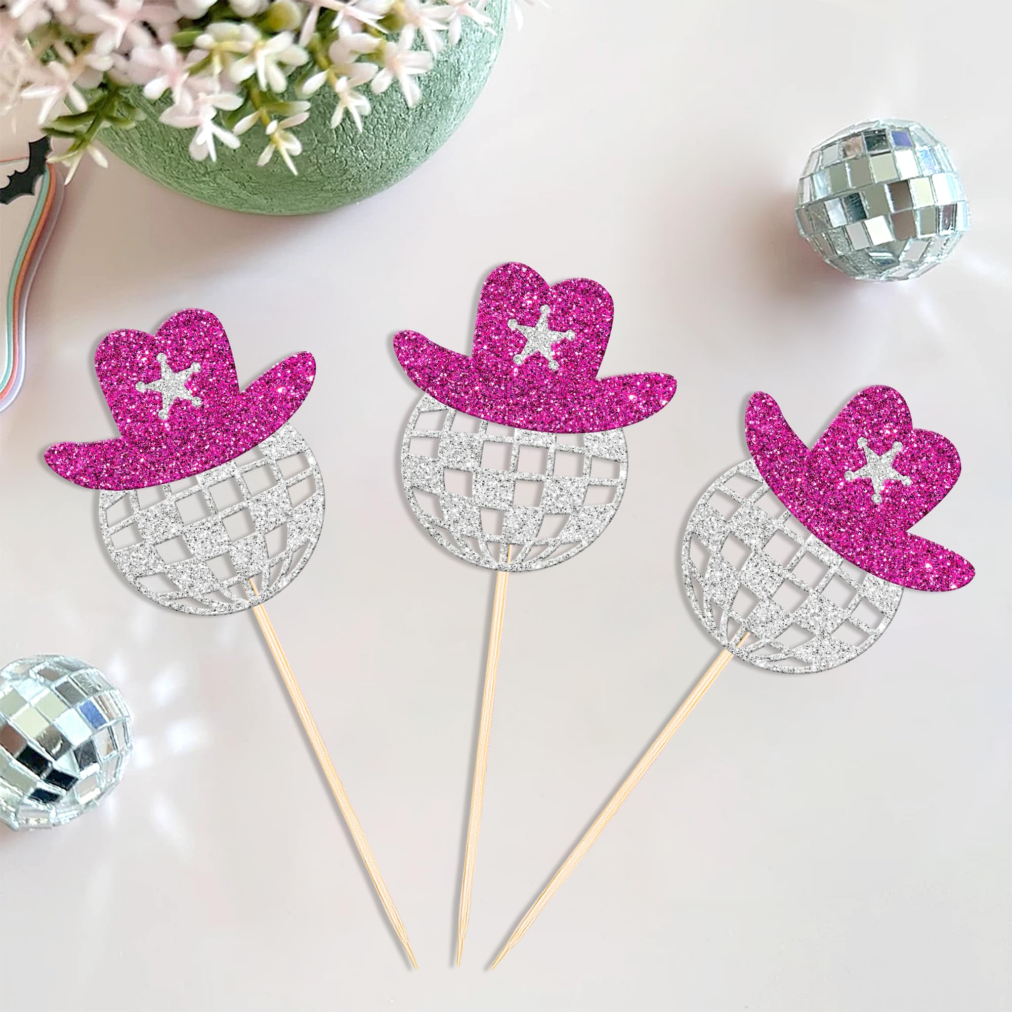 24 PCS Disco Ball Cowgirl Hat Cupcake Toppers Glitter Star Western Cowboy Hat Disco Balls Cupcake Picks for 1970s Disco Music Theme Wedding Bridal Shower Birthday Party Cake Decorations Supplies