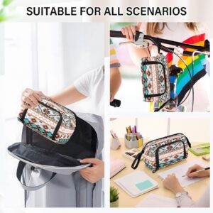 DEHOZO Portable Pencil Case Pen Bag with Zipper, Ethnic Aztec Geometric Large Pencil Pouch Pen Case Stationery Bag for Office School Student, Multifunctional Pen Box for Girl Boy Men Women