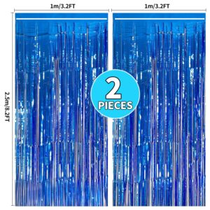 2 Pack Blue Foil Fringe Backdrop Curtains, 3.2x8.2ft Streamer Backdrops Curtains for Birthday Decorations, Baby Shower, Graduation, Halloween, Ocean Party