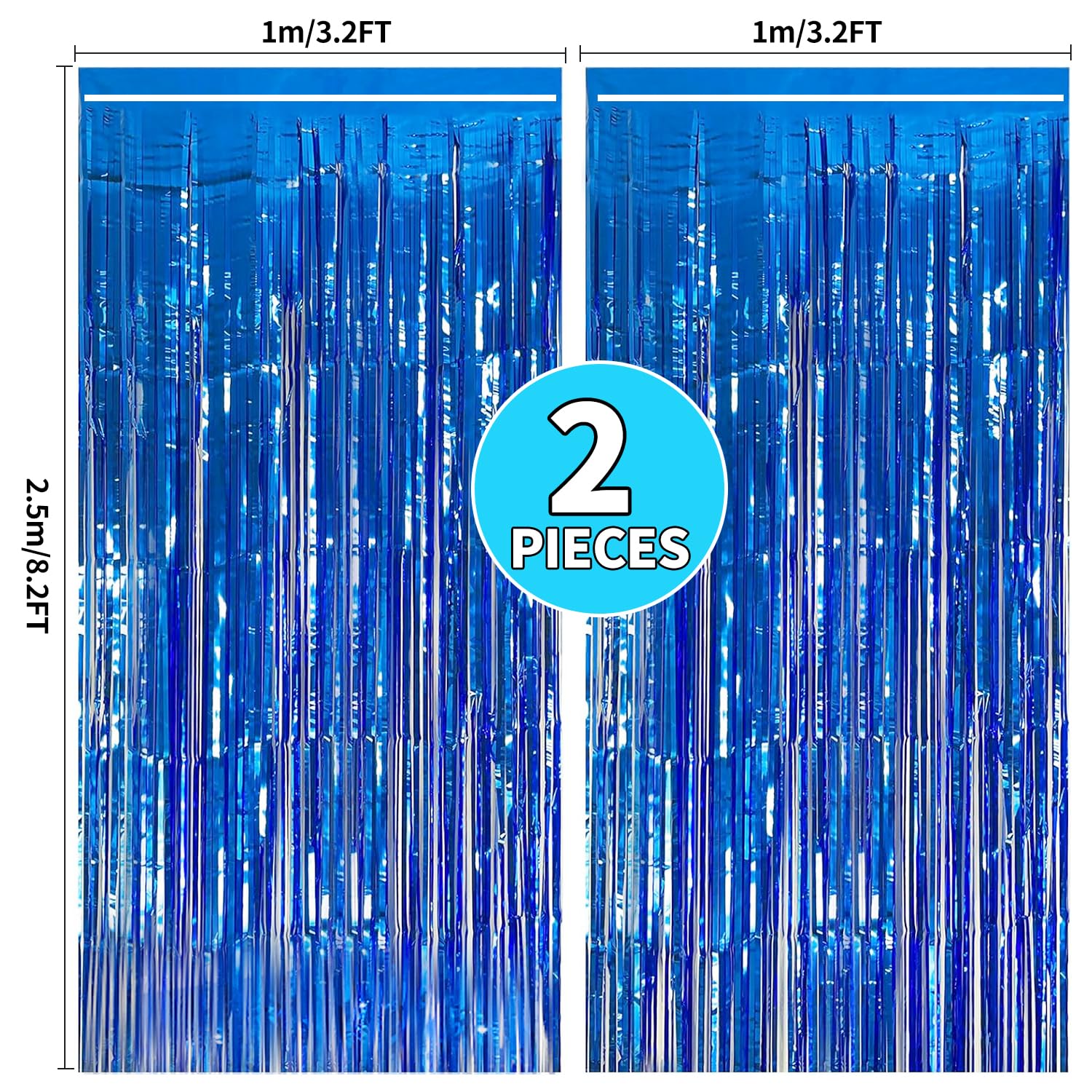 2 Pack Blue Foil Fringe Backdrop Curtains, 3.2x8.2ft Streamer Backdrops Curtains for Birthday Decorations, Baby Shower, Graduation, Halloween, Ocean Party