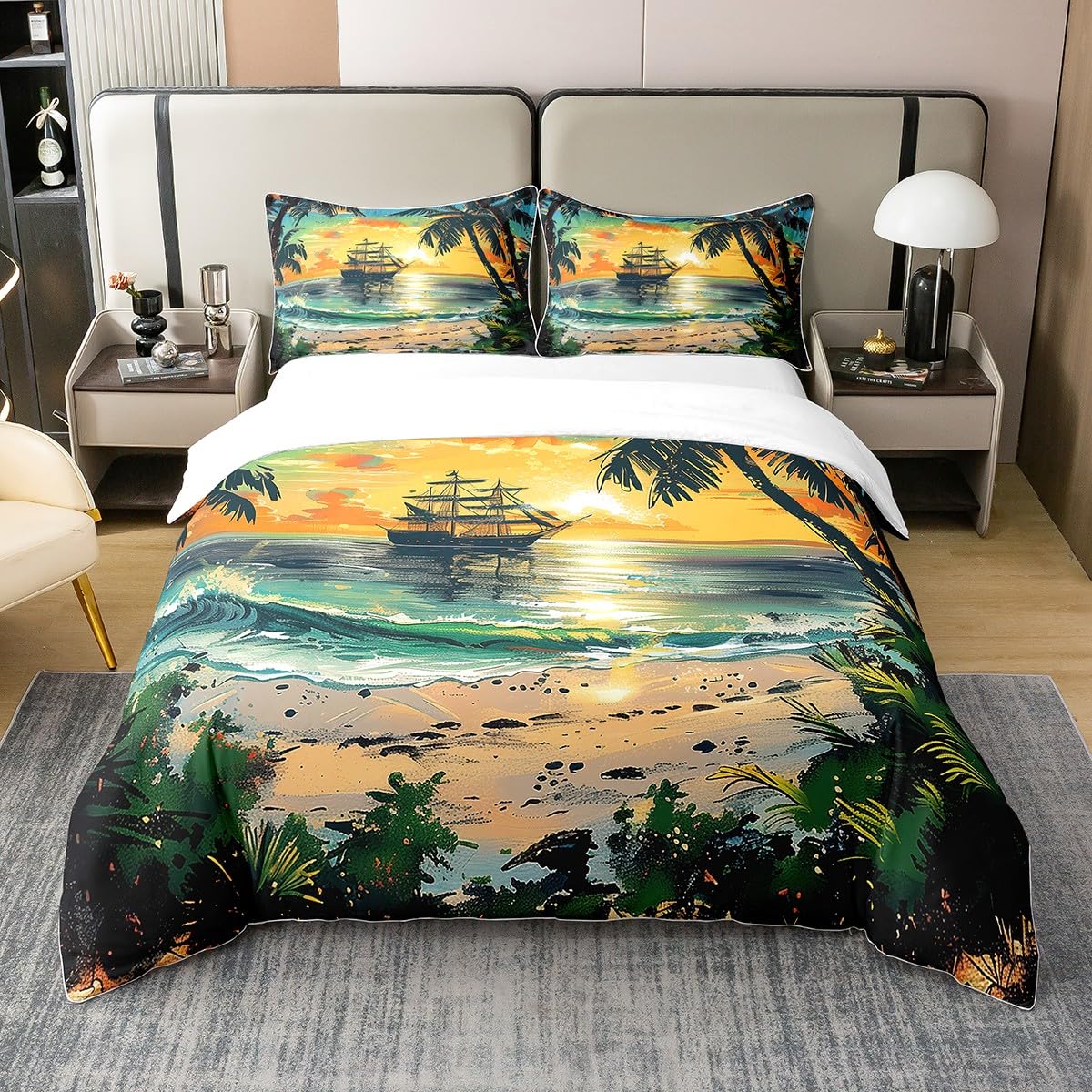 Erosebridal Coconut Tree Duvet Cover Hawaii Ocean Beach Botanical Quilt Cover Sailboat Sunset Print Comforter Cover Nature Tropical Landscape Theme Bedspread Cover Summer Holiday Room Decor Queen