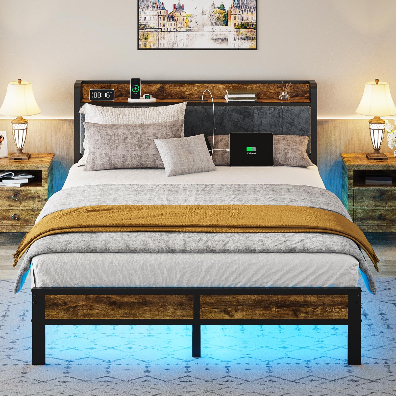 Queen Bed Frame with Headboard, Metal Platform Bed with Smart LED Lights and USB Charging Station, Easy Assembly, No Box Spring Needed