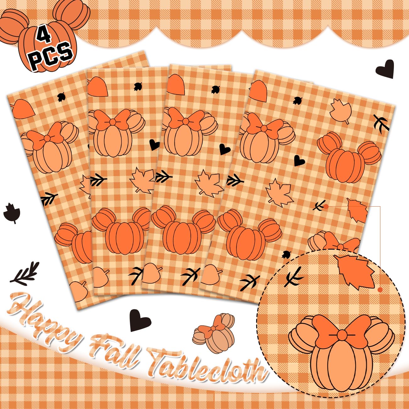 Fall Decorations Fall Tablecloth 4Pcs Pumpkin Mouse Head Rectangle Table Cloth Thanksgiving Autumn Maple Leaves Table Cover Plastic Disposable Table Cover for Fall Party Supplies 108 x 54 Inches