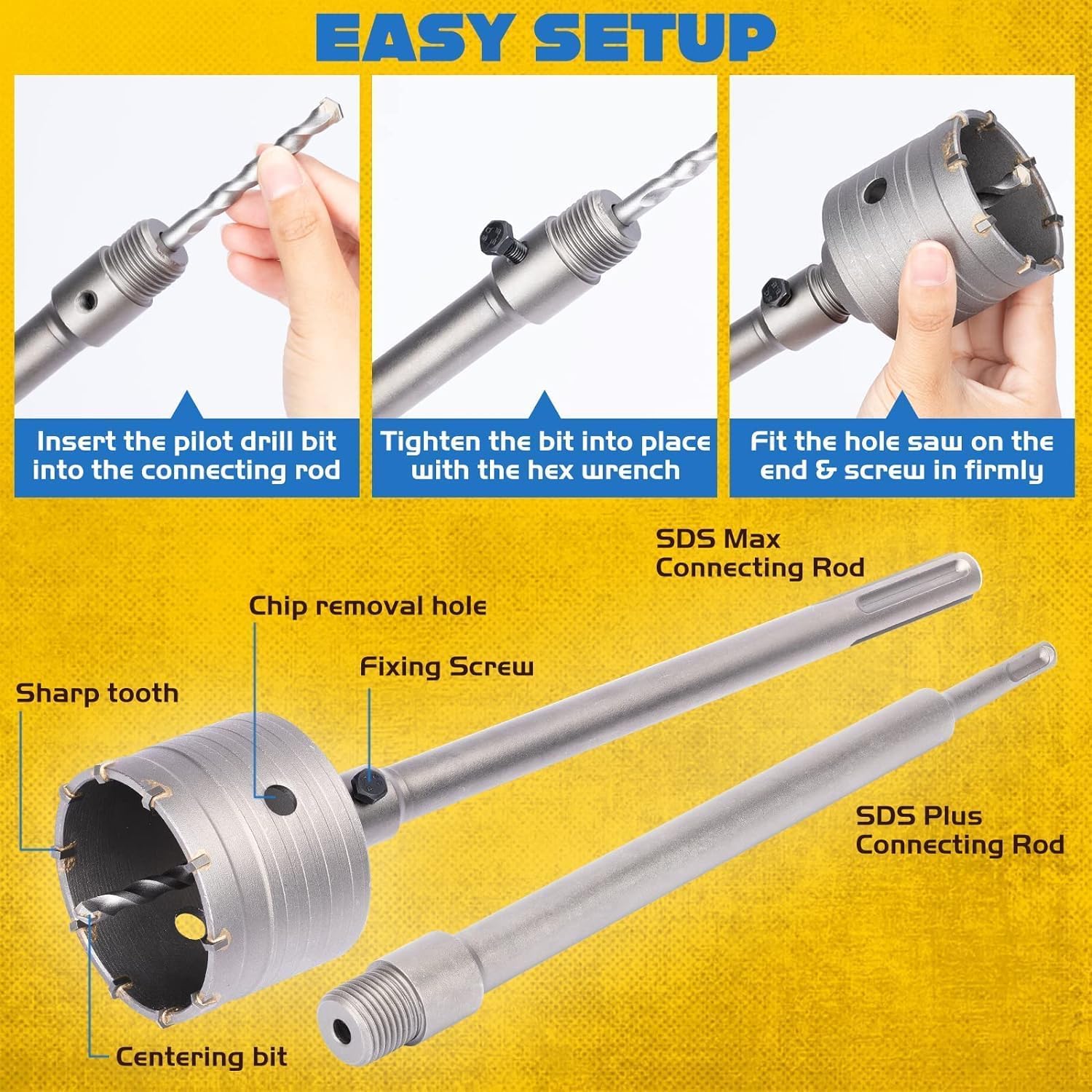 XDOVET 9PCS Concrete Hole Saw Kits with 2 Drill Bits and SDS Plus & Max Shank Hole Saw Tool Set for Concrete Cement Brick Stone Wall Drilling Kit Size 30 40 65 80 100 MM