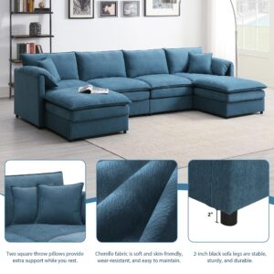 Modern U-Shaped Cloud Couch Set with Double Cushions, Chenille Modular 6-Seat Sectional Sofa Sleeper Bed with Ottomans Blue