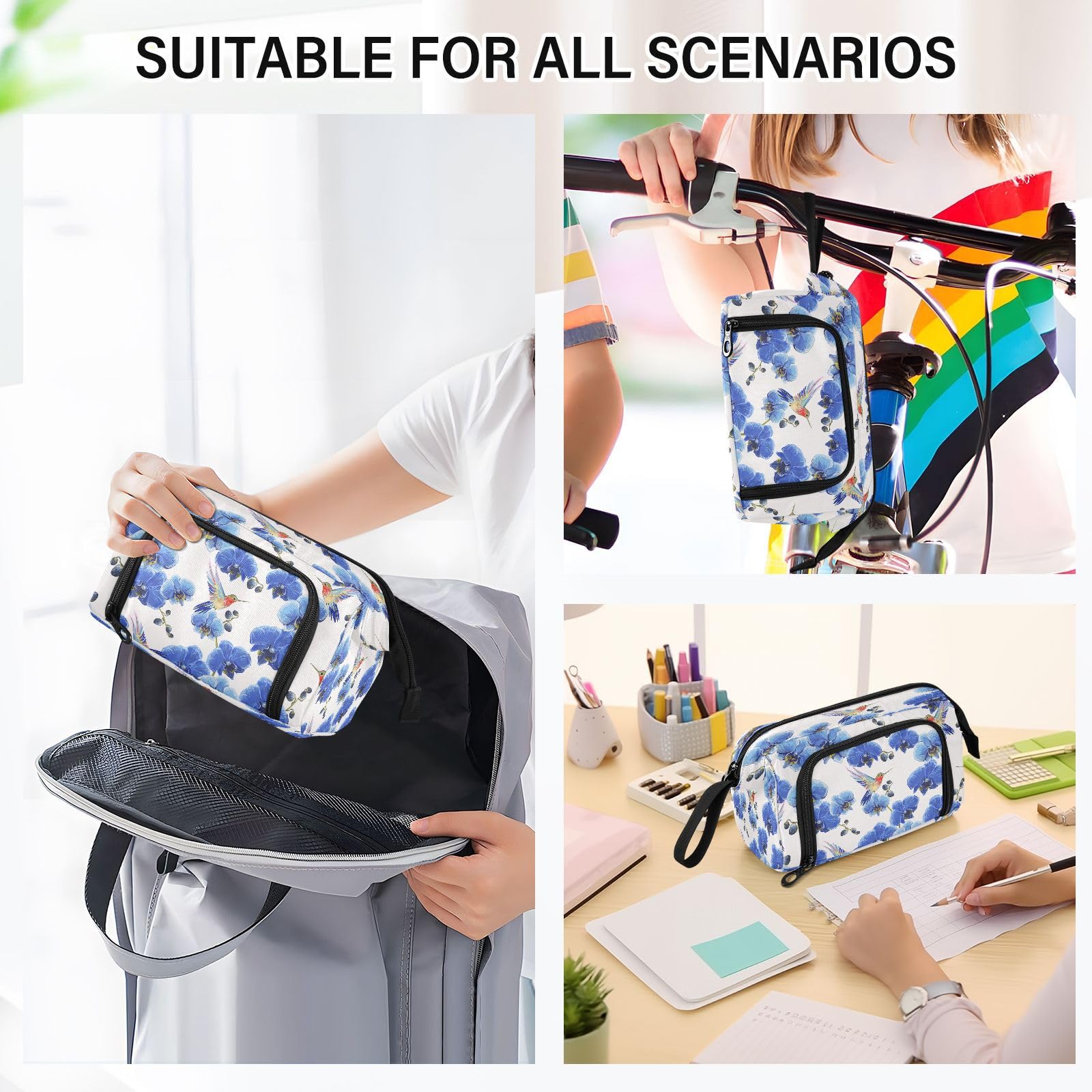 DEHOZO Portable Pencil Case Pen Bag with Zipper, Blue Flower Orchid Hummingbird Large Pencil Pouch Pen Case Stationery Bag for Office School Student, Multifunctional Pen Box for Girl Boy Men Women