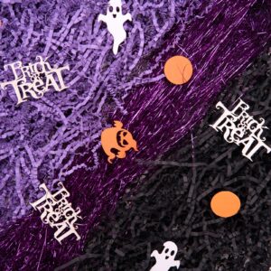 PAPER FAIR 1LB Halloween Crinkle Cut Paper Shred, Black Purple Iridescent Glitter Strand Raffia Filler w/Orange Ghosts Trick or Treat Confetti, Candy Gift Wrapping Basket Box Craft Bedding Cushion