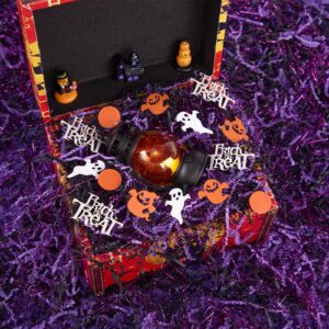 PAPER FAIR 1LB Halloween Crinkle Cut Paper Shred, Black Purple Iridescent Glitter Strand Raffia Filler w/Orange Ghosts Trick or Treat Confetti, Candy Gift Wrapping Basket Box Craft Bedding Cushion