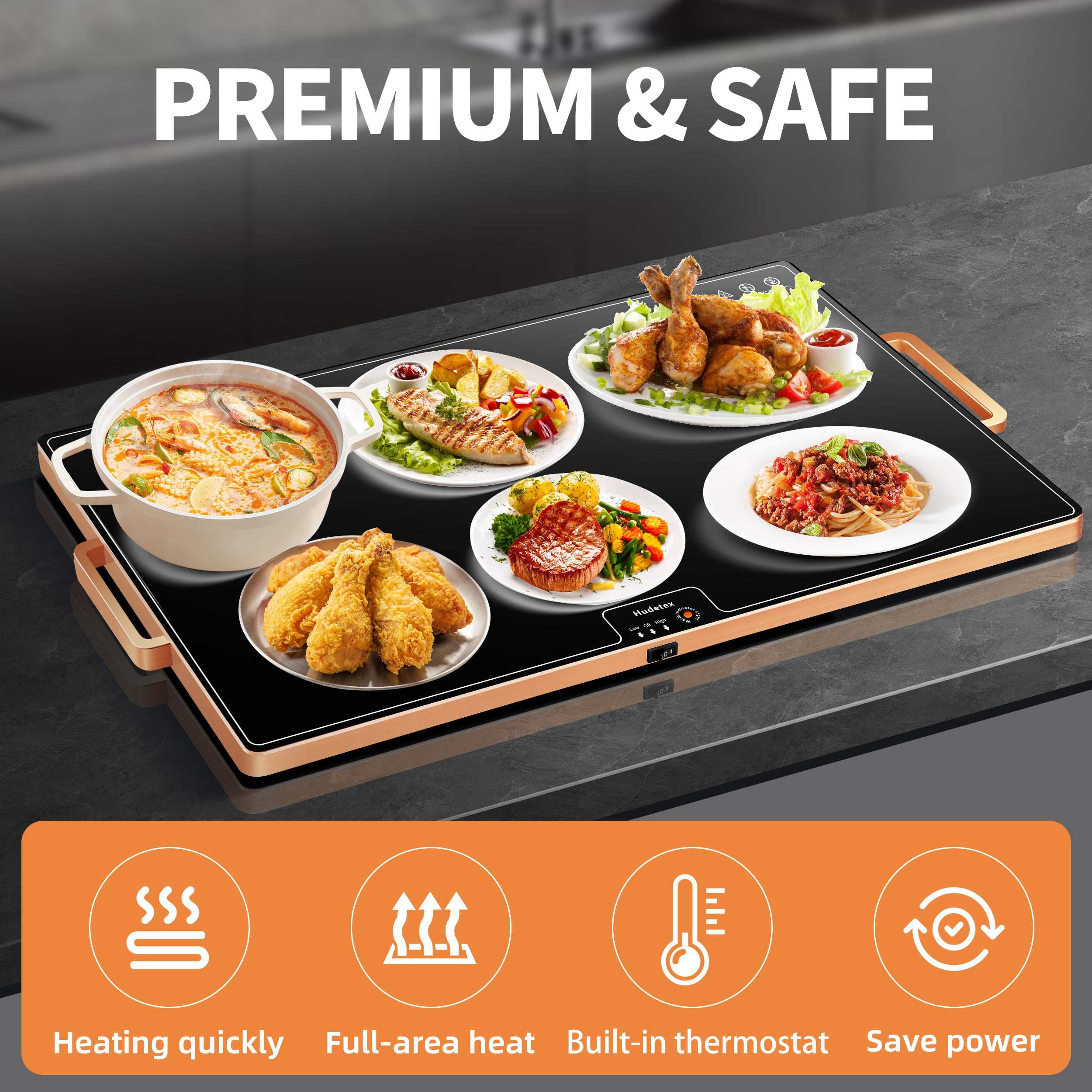 Electric Warming Tray（Large 24"x16"），Food Warmer with Thermostat and Full Surface Heating，Food Warming Mat with 2 Temperature Modes for Parties Buffet，Gatherings，Gold Edge Handles Warming Mat for Food