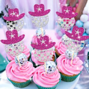 24 PCS Disco Ball Cowgirl Hat Cupcake Toppers Glitter Star Western Cowboy Hat Disco Balls Cupcake Picks for 1970s Disco Music Theme Wedding Bridal Shower Birthday Party Cake Decorations Supplies