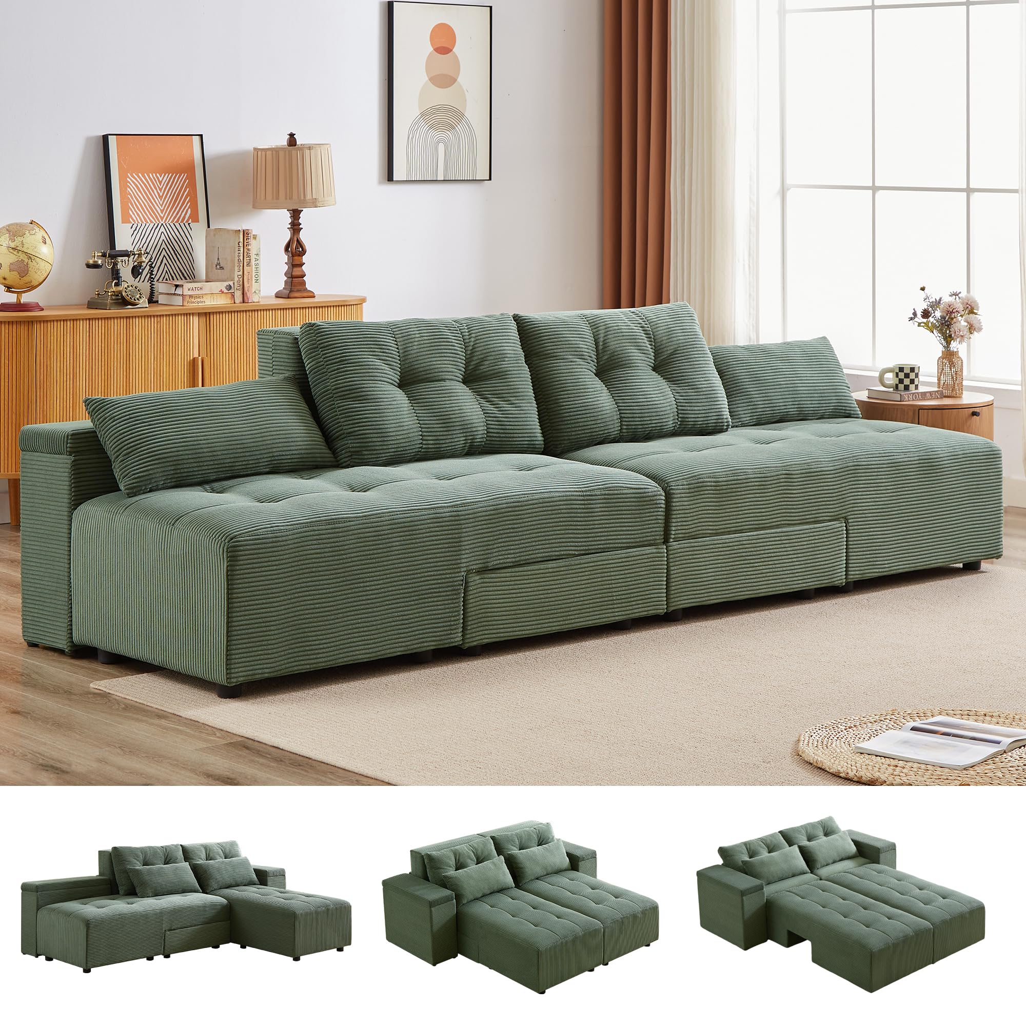 UPYOOE Modular Sectional Sofa, Convertible 3 in 1 Sleeper Sofa Bed with 4 Storage Space, King Size Pull Out Bed, 77''-111'' Wide Sectional Couch, Loveseat Sofa Chaise for Living Room, Corduroy Green