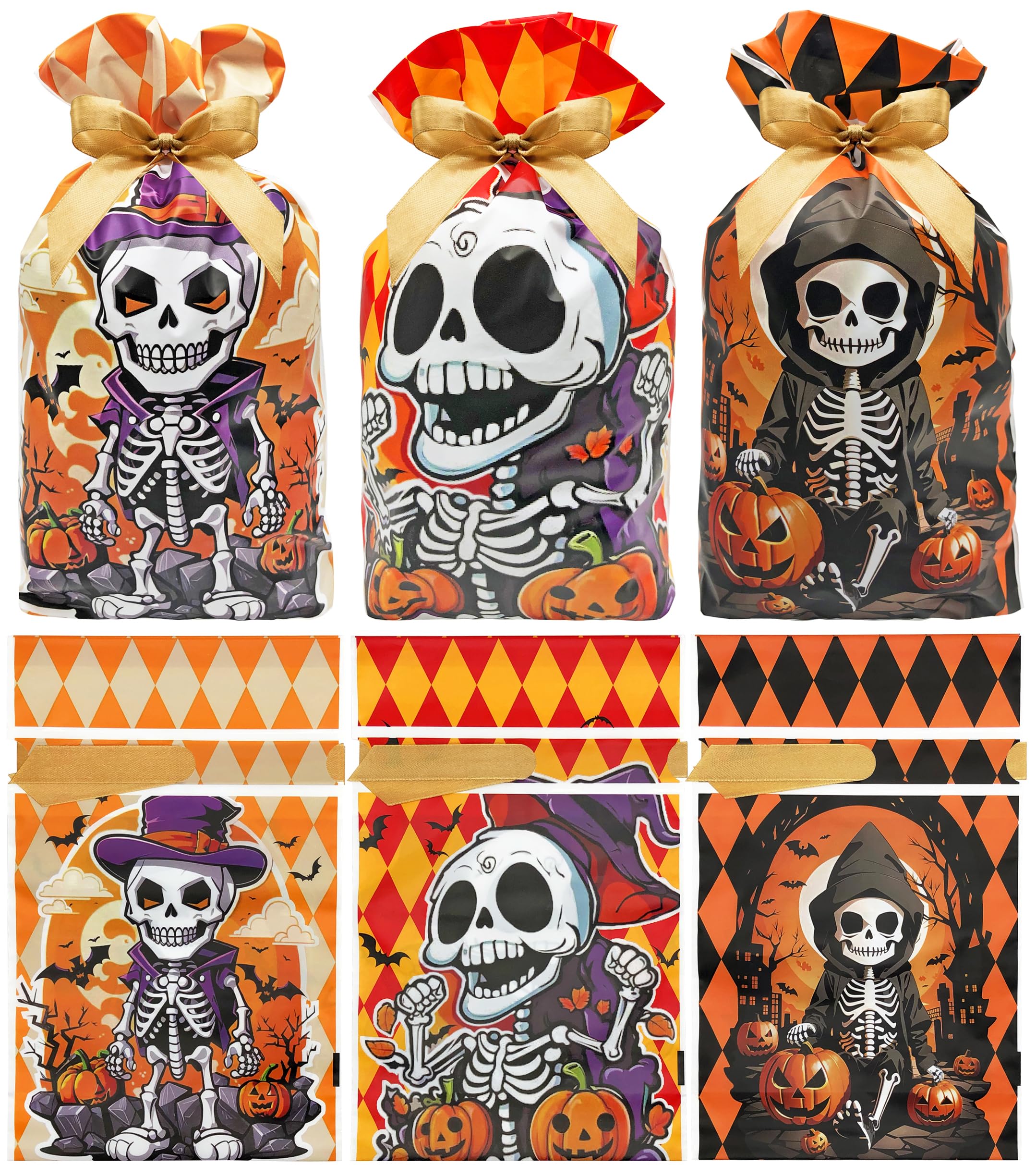 Jexila 50PCS Halloween Candy Bags Halloween Goodie Treat Bags with Drawstring Halloween Party Favor Bags for Kids Trick or Treat 5.9''X9'' (Skull)