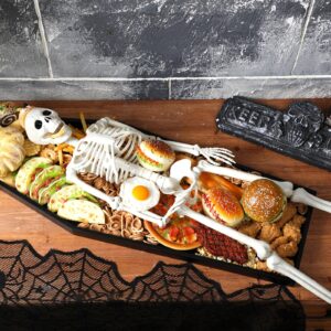 Seeloowy 32'' Halloween Coffin Charcuterie Board with 36" Skeleton Extra Large Wooden Coffin Serving Tray Board 3 ft Skeleton Spooky Gothic Home Decor for Halloween Party Gothic Accessories