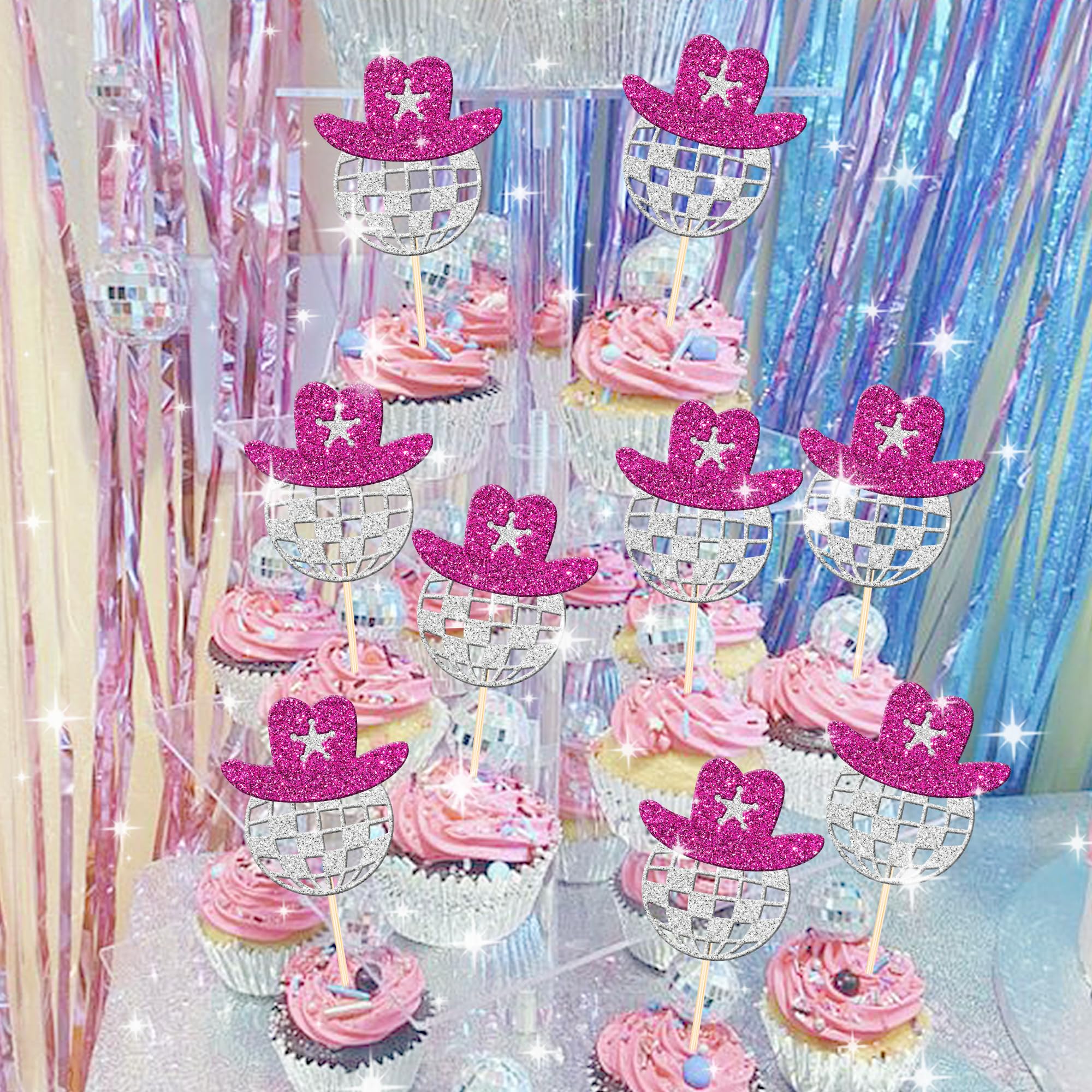 24 PCS Disco Ball Cowgirl Hat Cupcake Toppers Glitter Star Western Cowboy Hat Disco Balls Cupcake Picks for 1970s Disco Music Theme Wedding Bridal Shower Birthday Party Cake Decorations Supplies