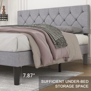 VECELO Full Bed Frame with Button Tufted Headboard, Upholstered Platform Bedframe with Wood Slat Support, No Box Spring Needed, Grey