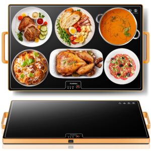 electric warming tray（large 24"x16"），food warmer with thermostat and full surface heating，food warming mat with 2 temperature modes for parties buffet，gatherings，gold edge handles warming mat for food