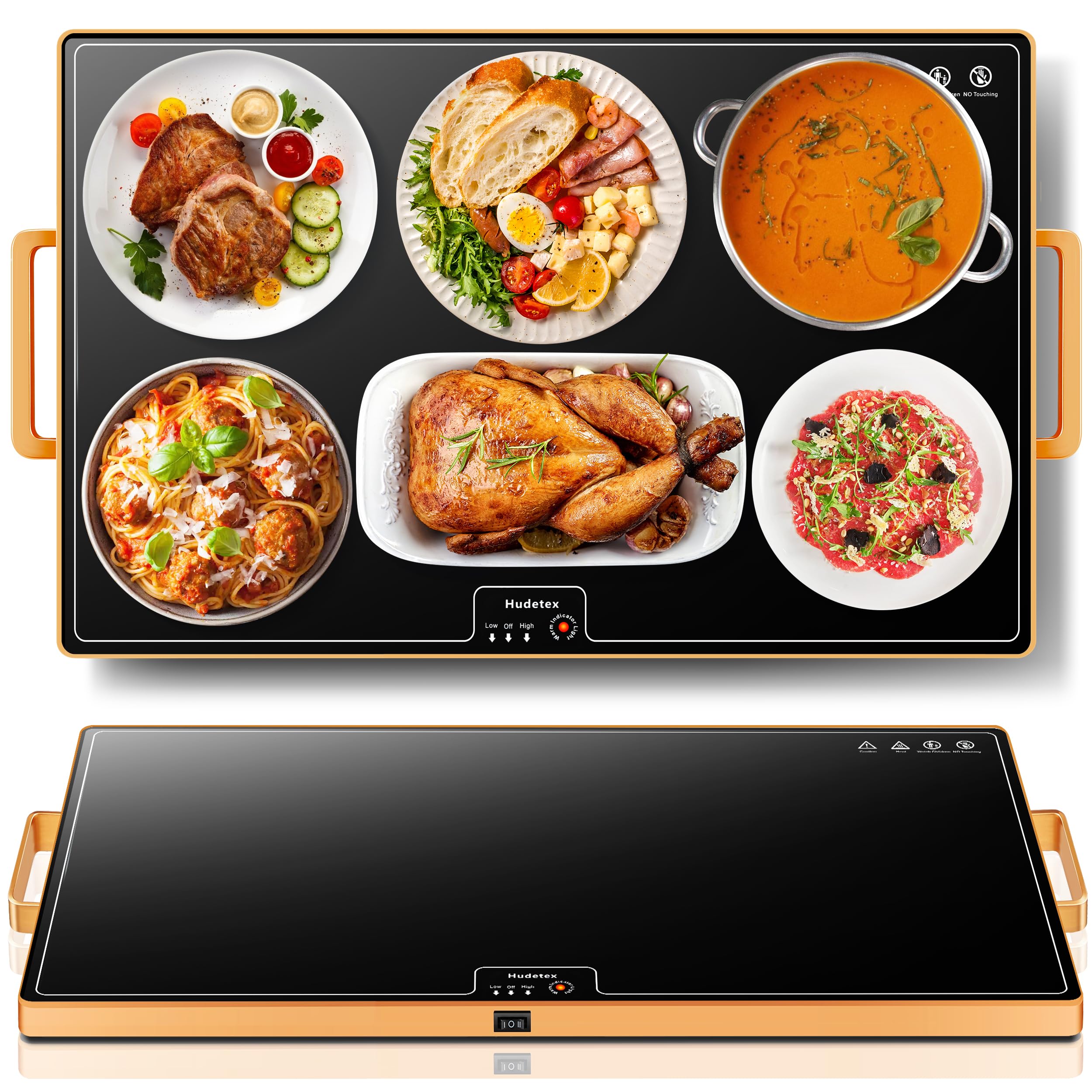 Electric Warming Tray（Large 24"x16"），Food Warmer with Thermostat and Full Surface Heating，Food Warming Mat with 2 Temperature Modes for Parties Buffet，Gatherings，Gold Edge Handles Warming Mat for Food