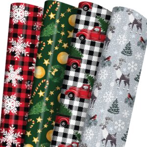 giolniay christmas wrapping paper for men women kids - holiday gift wrap red & black plaid with truck, black & white plaid with snowflake xmas design - 6 jumbo sheets, 28″×40″ each, easy to store