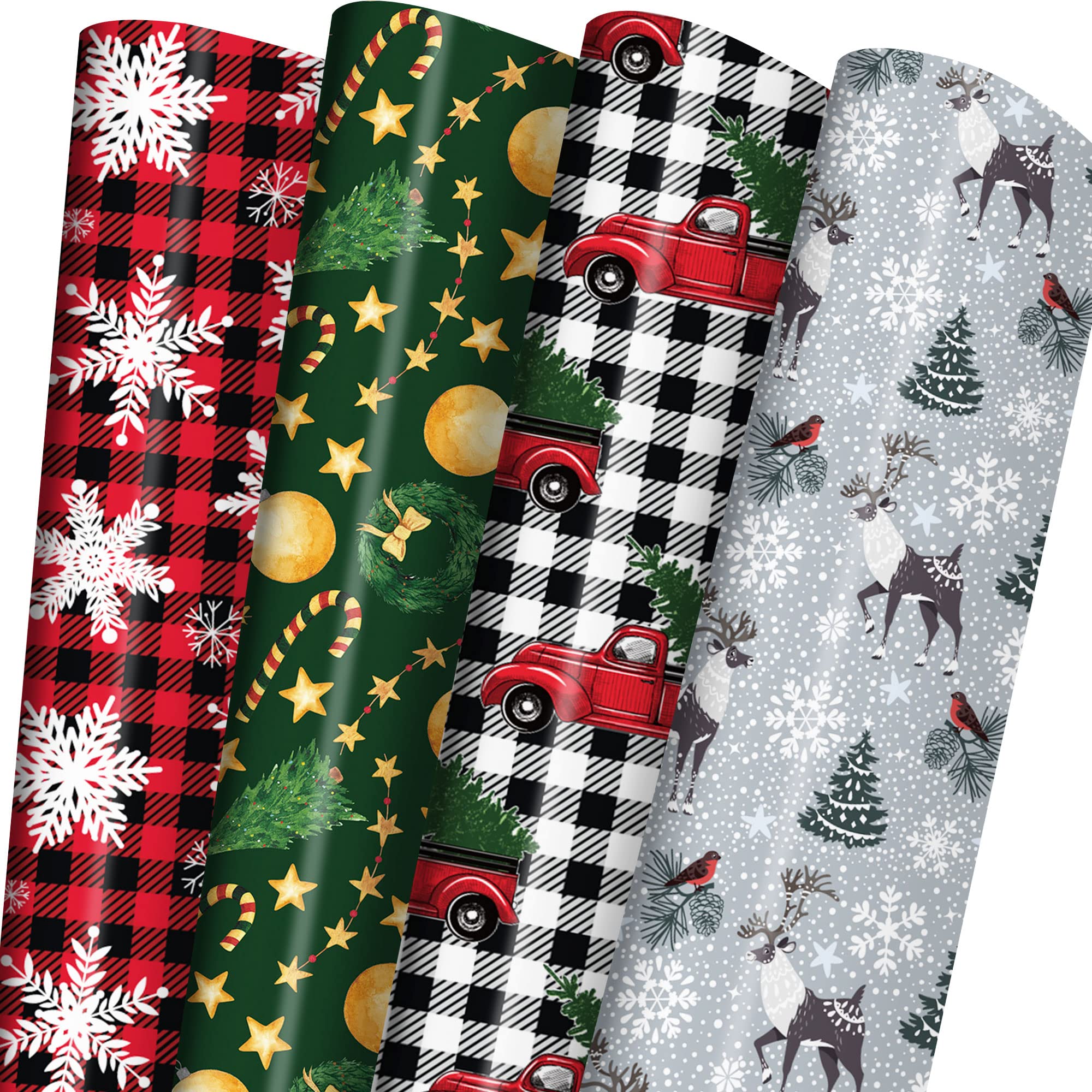 GIOLNIAY Christmas Wrapping Paper for Men Women Kids - Holiday Gift Wrap Red & Black Plaid with Truck, Black & White Plaid with Snowflake Xmas Design - 6 Jumbo Sheets, 28″×40″ Each, Easy to Store