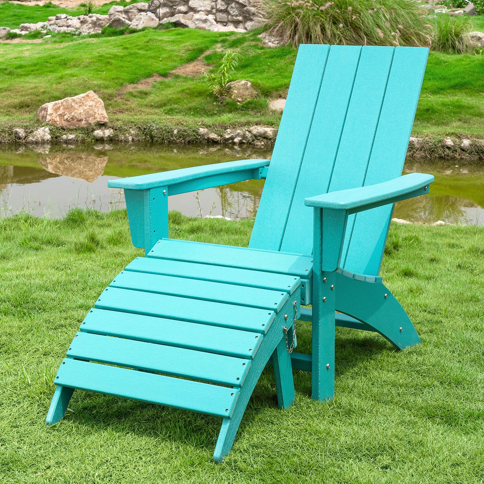 Adirondack Chair with Ottoman Weather Resistant Fire Pit Chairs with Footrest HDPE Outdoor Adirondack Chair for Patio Front Porch Pool Garden Deck Fire Pit Outside, Teal