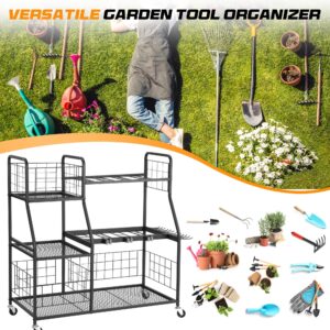 Rengue Large Garden Tool Organizer 3 Tier Yard Tool Rack with Slots & Hooks, Heavy Duty Metal Shelf Yard Tool Holder, Utility Stand Rack for Garage Organization and Storage for Garage, Backyard, Lawn