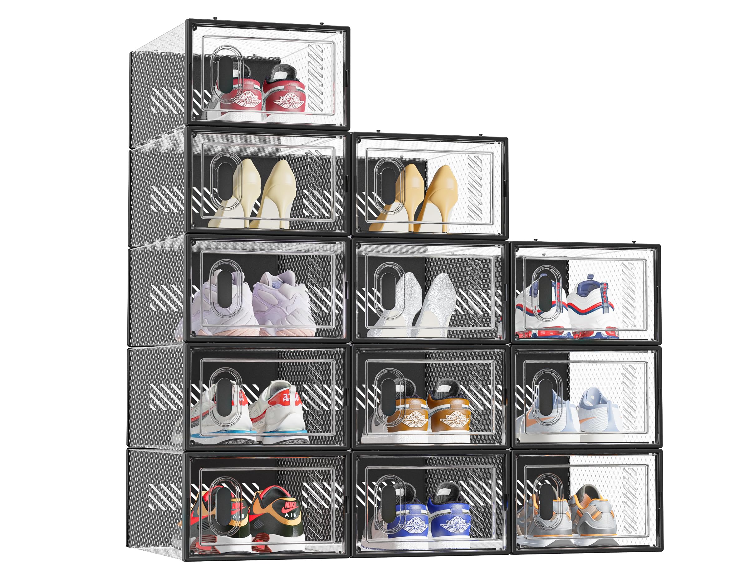 SIMPDIY Shoe Storage, 12 Pack Shoe Organizer for Closet, Shoe Boxes Clear Plastic Stackable Shoe Containers with Lids for Size 10, Black