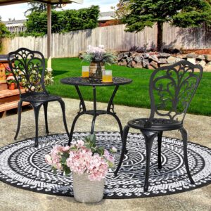 NUU GARDEN 3 Piece Bistro Set Outdoor, All Weather Cast Aluminum Patio Bistro Sets Patio Table and Chairs Set of 2 with Umbrella Hole for Yard, Balcony, Black, Butterfly Backrest