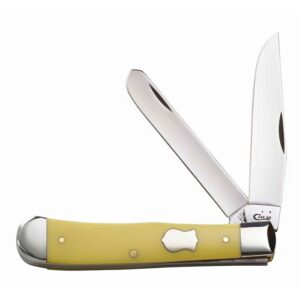 case wr xx pocket knife smooth yellow synthetic handle with carbon steel blades trapper 4 1/8 inches closed