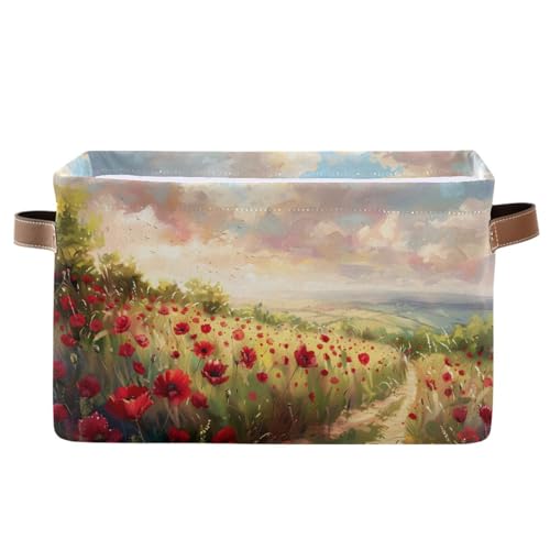 Storage Basket Red Poppies Field Canvas Collapsible Box Organizer Bin with Handles