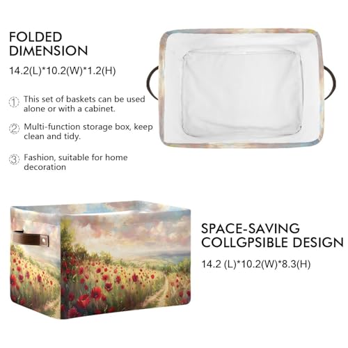 Storage Basket Red Poppies Field Canvas Collapsible Box Organizer Bin with Handles