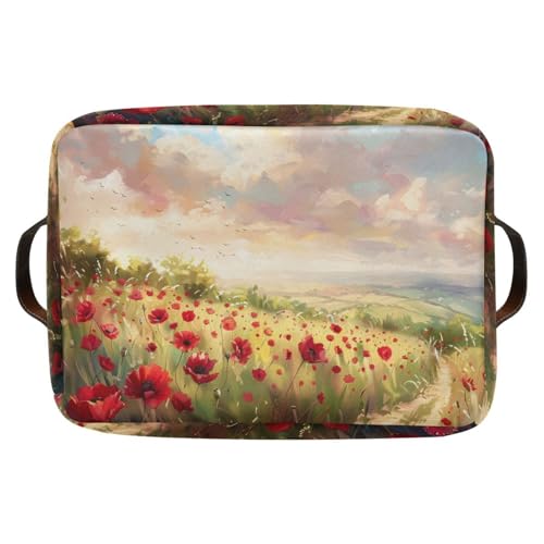 Storage Basket Red Poppies Field Canvas Collapsible Box Organizer Bin with Handles