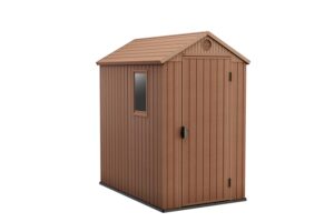 keter darwin 4x6 resin outdoor storage shed kit-perfect to store patio furniture, garden tools bike accessories, beach chairs and lawn mower, brown