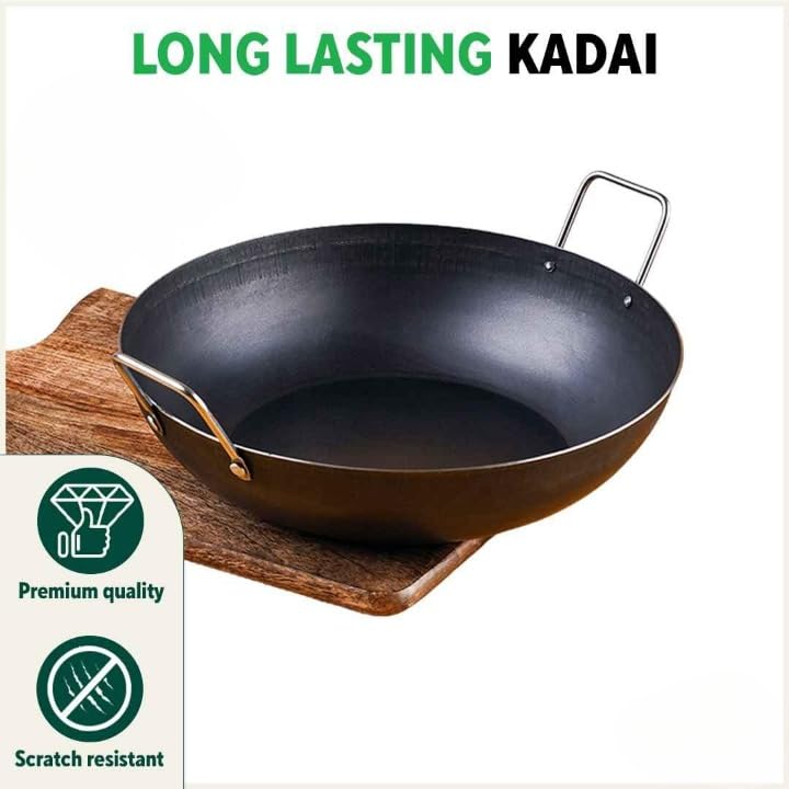 KASHVIYA Pre-Seasoned Iron Kadai with Strong Handles | Large, 31 cm/12.2 inch, 4.4Ltr, 1.4kg | Induction Friendly | Pre-Seasoned Iron Kadhai, 100% Pure & Toxin-Free, No Chemical Coating, Black