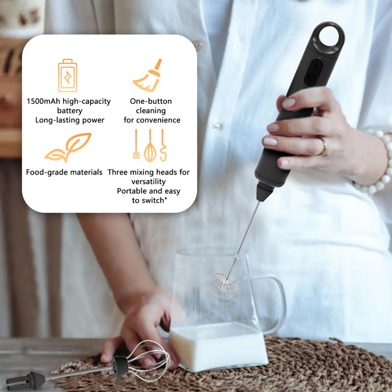 Rechargeable Milk Frother Handheld 3 Speed Coffee Foamer [3 Whisk] Electric Drink Mixer for Latte, Cappuccino, Coffee, Eggs, Hot Chocolate, Protein Black