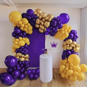 Royal Purple and Gold Balloon Garland Arch Kit 132Pcs with lemon Yellow balloons for Halloween Birthday Graduation Prom Basketball Sport Theme Party Decorations