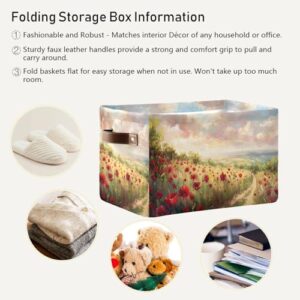 Storage Basket Red Poppies Field Canvas Collapsible Box Organizer Bin with Handles