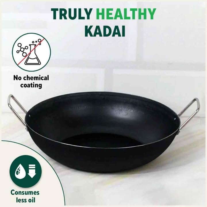 KASHVIYA Pre-Seasoned Iron Kadai with Strong Handles | Large, 31 cm/12.2 inch, 4.4Ltr, 1.4kg | Induction Friendly | Pre-Seasoned Iron Kadhai, 100% Pure & Toxin-Free, No Chemical Coating, Black