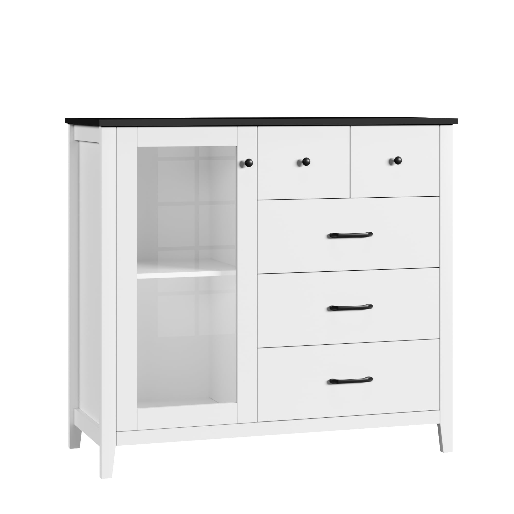 HOSTACK 5 Drawer Dresser with Glass Door, White Dresser for Bedroom, Modern Chest of Drawers with Shelves, Tall Dresser Wood Storage Cabinet for Bedroom, Living Room, White/Black