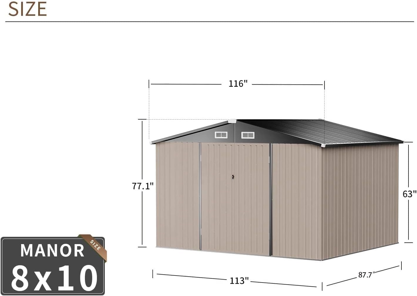 Breezestival Outdoor Storage Shed 7.6x9.7 FT, Utility Steel Tool Shed with Lockable Air Vents and Door, Galvanized Metal Shed for Backyard, Garden, Patio and Lawn (Brown)