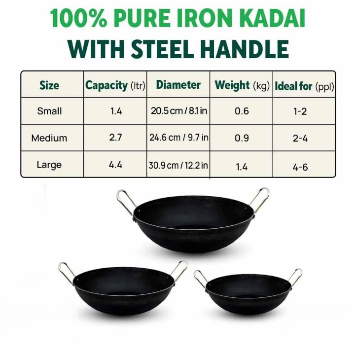 KASHVIYA Pre-Seasoned Iron Kadai with Strong Handles | Large, 31 cm/12.2 inch, 4.4Ltr, 1.4kg | Induction Friendly | Pre-Seasoned Iron Kadhai, 100% Pure & Toxin-Free, No Chemical Coating, Black